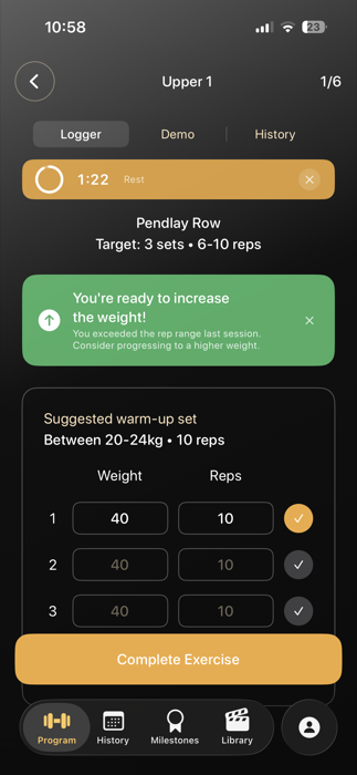 Workout screen with exercises, sets, reps, and rest periods laid out