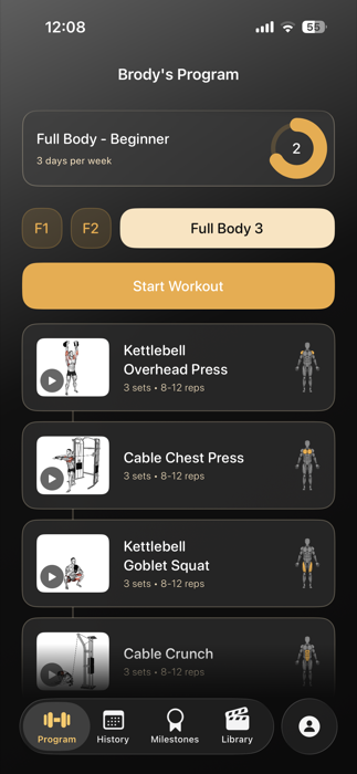 Train program screen showing a personalised Full Body Beginner plan