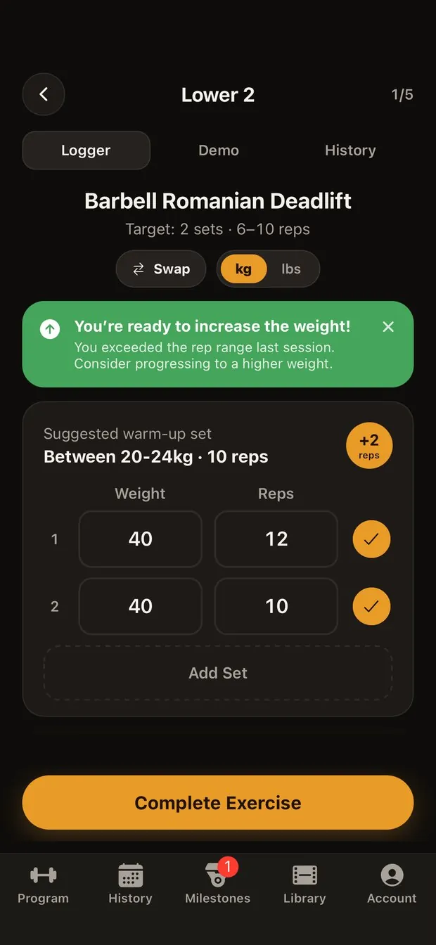 Logger screen with a prompt to increase the weight