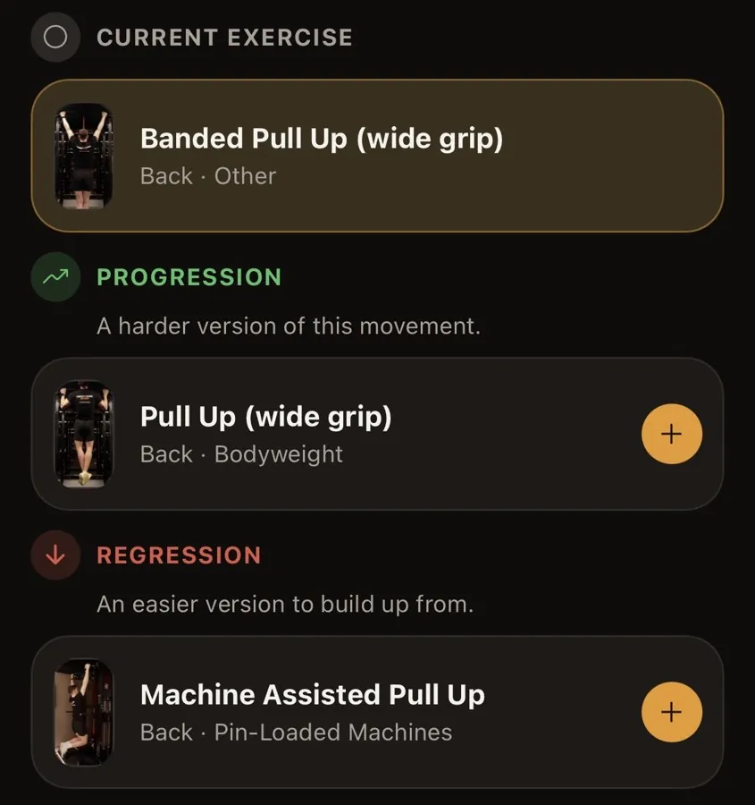 Exercise swap screen showing a progression and a regression for the banded pull up